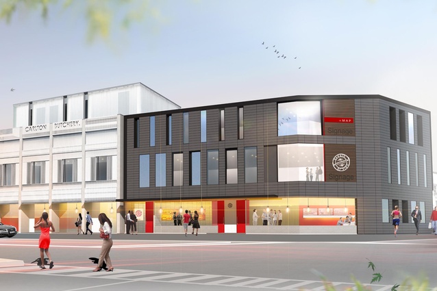 Completion date – 2014. Corner Victoria St & Bealey Ave by MAP Architecture. Retail, hospitality and office spaces replace three buildings lost in various earthquakes and have been designed to read as distinct structures with different facade treatments.