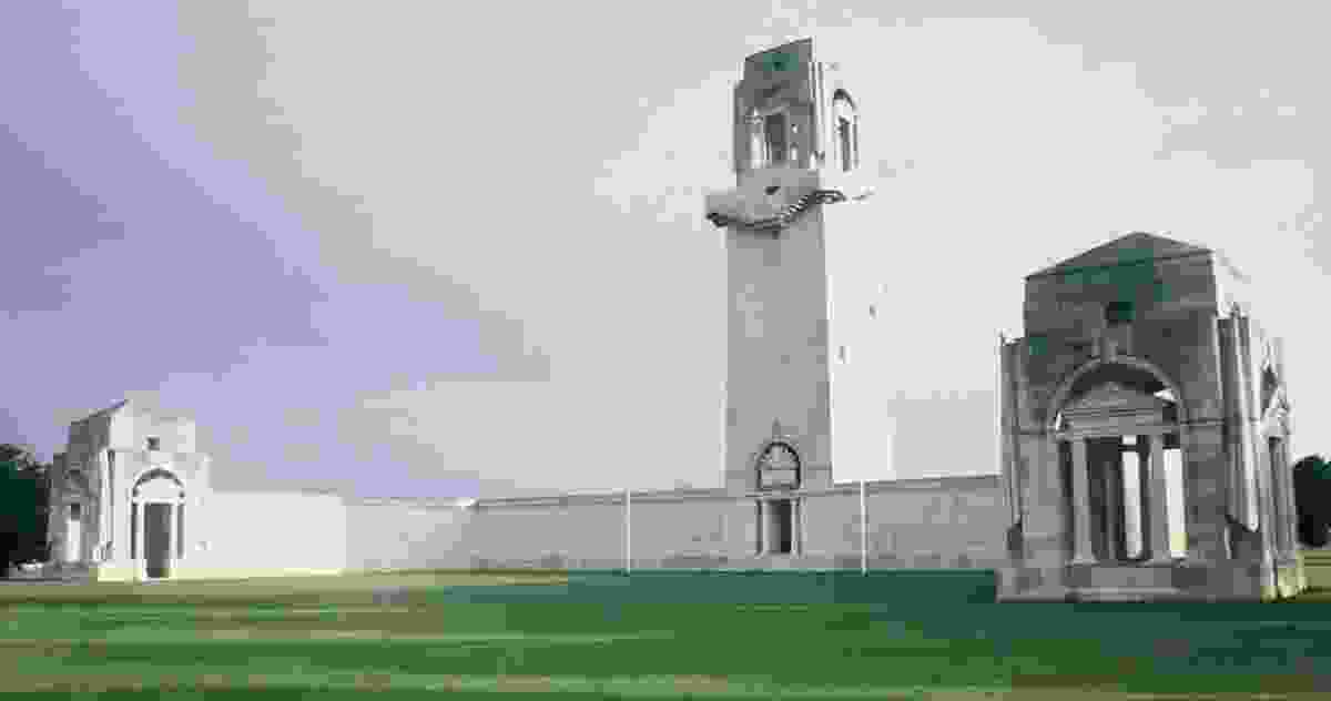 The Villers-Bretonneux memorial, designed by Sir Edwin Lutyens. The 30.5-metre-high tower is central to three sides of a quadrangular wall with a pavilion at each end. On its top, a horizontal dial indicates the direction of London, Paris, Berlin and Canberra.