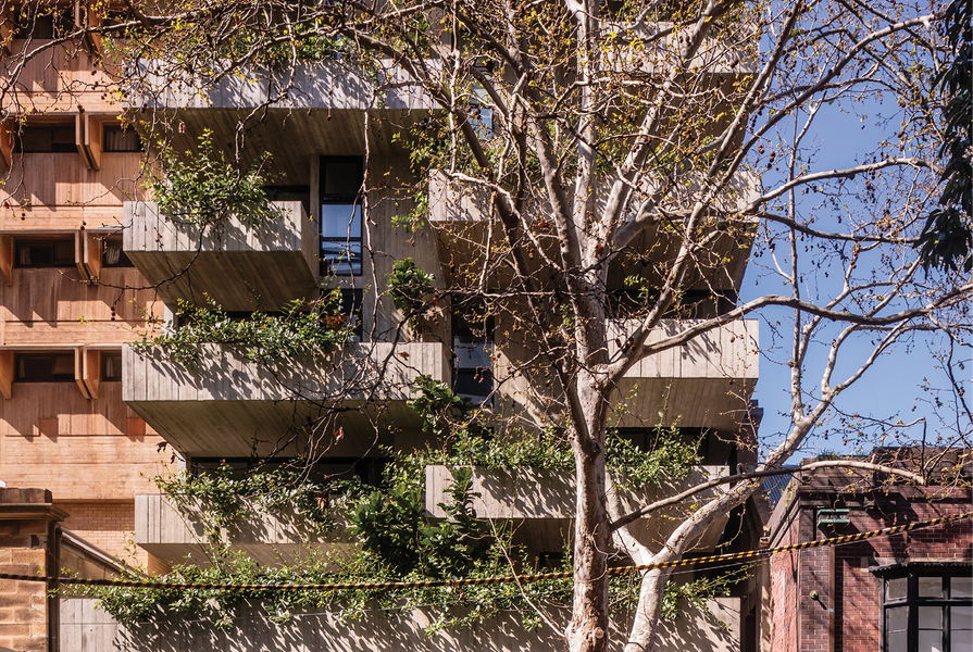 Located in the inner-Sydney suburb of Surry Hills, Woods Bagot’s residential and retail building presents a memorable facade of staggered concrete forms and dense foliage.