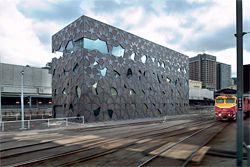 View of the north-western corner of the building, with
a glimpse of Southern Cross Station at right.