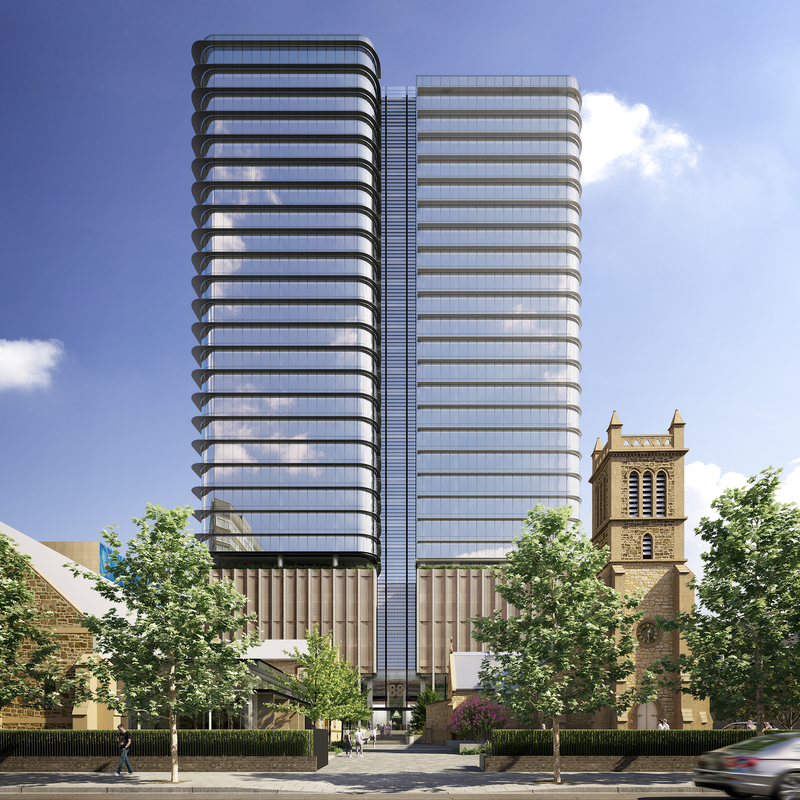 The 28-storey office tower will be developed behind Trinity Church on North Terrace.