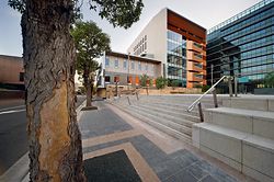 The forecourt to the Sydney West Trial Courts, by Lyons, with Bates Smart’s Justice Building adjacent. Image John Gollings 