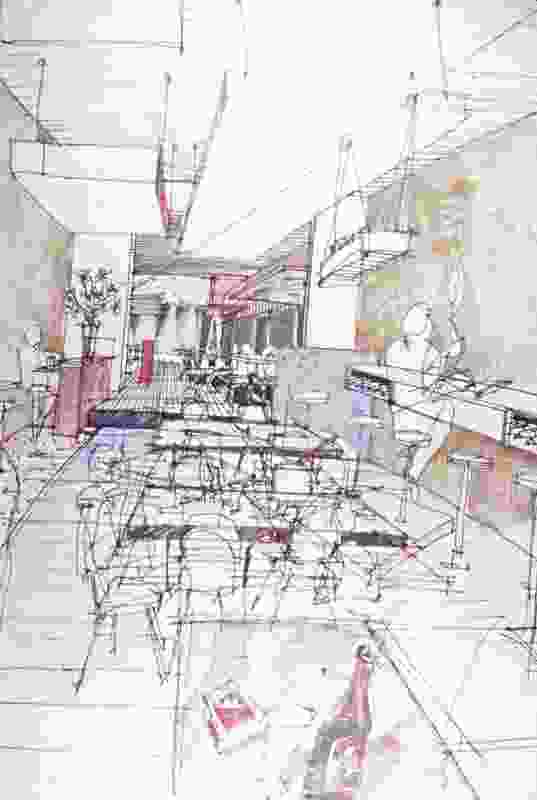 An original sketch of the Meyers Place interior designed by Six Degrees Architects.