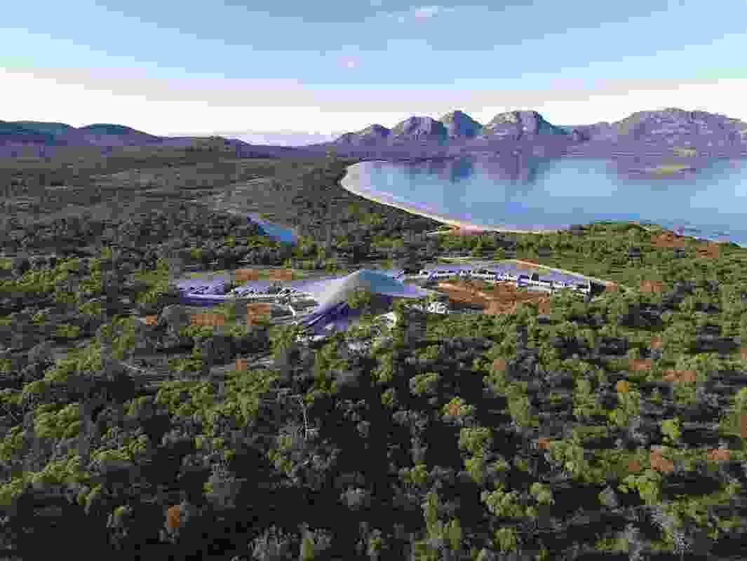 Aerial view of the Saffire Freycinet resort, looking across Coles Bay to the Hazards.