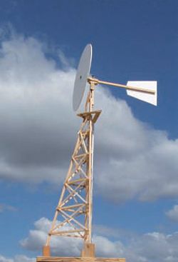 Model of Russell Hall’s new windmill design – an asymmetrical steel tower with the pumping gear external to the framework. (In standard windmills the pumping gear obstructs access for maintenance.)