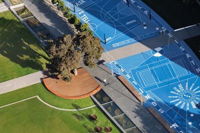 The new Campus Green is a collaborative project hosting a large utilitarian artwork, a performance space, a linear water feature and ecotypic mass plantings of Australian natives.