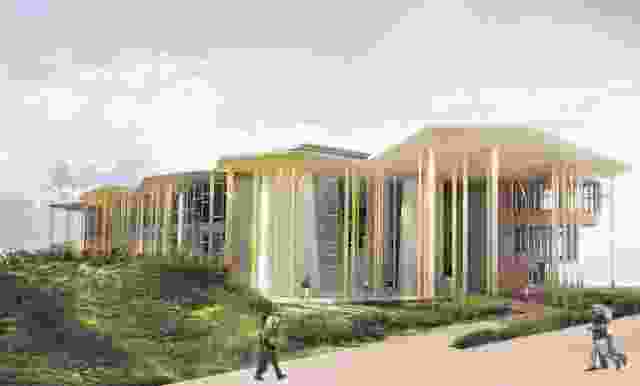 Render of the entrance to Soheil Abedian School of Architecture, Bond University.