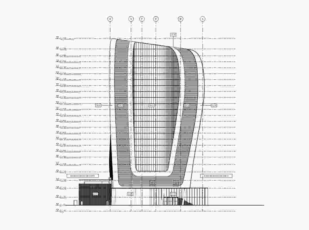 Eastern elevation of the new Ribbon proposal. A void has been carved into what was previously a continuous surface in the earlier design.