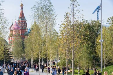 The colourful domes of Moscow’s St Basil’s Cathedral filtered through a grove of silver birch trees in the city’s new Zaryadye Park.