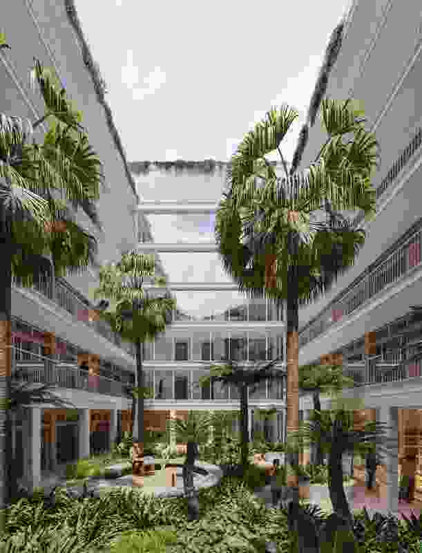 An internal courtyard at a student housing complex at 263-279 Broadway designed by SJB and Land and Form Studios.