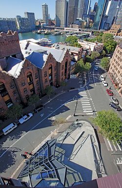 Aerial view of the podium and canopy, corner of George Street and Hickson Road.