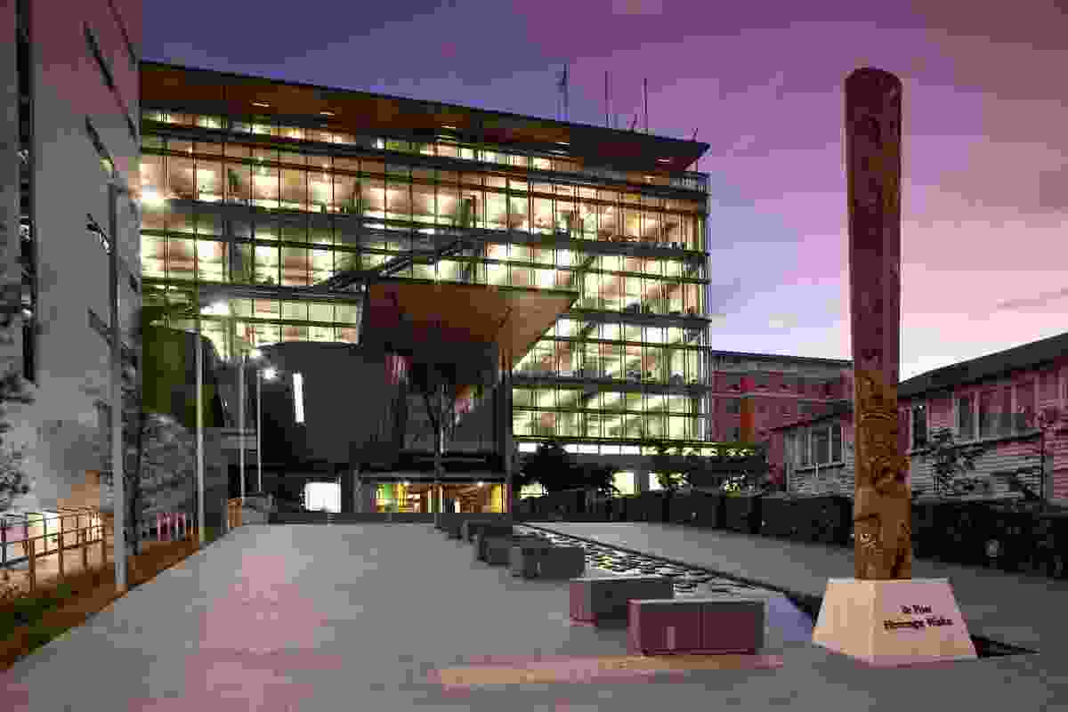 Te Hononga Civic Centre in Christchurch, designed by Athfield Architects.