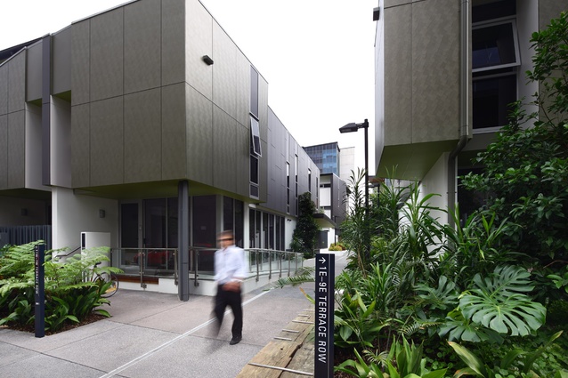 Traffic calming, shared pedestrian and vehicular laneways, application of CPTED principles, and the softening of interfaces with vegetation enable these public and private domains to function together successfully night and day.