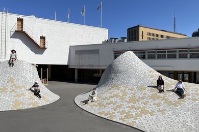 The winners of the 2023 Australian Institute of Architects Dulux Study Tour in Helsinki. L–R: Bradley Kerr, Sarah Lebner, Tiffany Liew, Ellen Buttrose, and Edwina Brisbane.