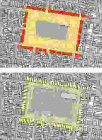 Based on the model of the English square, these diagrams illustrate the opportunity to increase the density of an established park, currently ringed by 100 individual houses, to hold between 850 and 1000 apartments. Based on a six-storey scale, every apartment could benefit from a park outlook.
