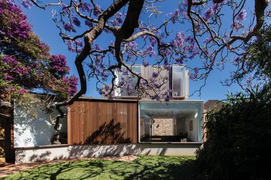 The neatness of the facade’s spotted-gum battens and crisply framed windows is offset by thick jacaranda branches that twist across the garden.
