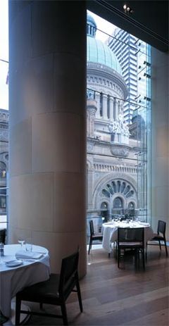 An array of elliptical columns frame views to the Queen Victoria Building from Glass Brasserie. Image: Richardson Glover