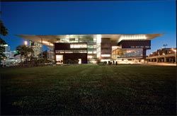 Kurilpa Park elevation, showing the three-dimensional massing of the building and the flipped-up roof.