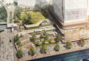 An indicitive design for the Cockle Bay Wharf redevelopment by FJMT, Tony Caro Architecture and Aspect Studios.