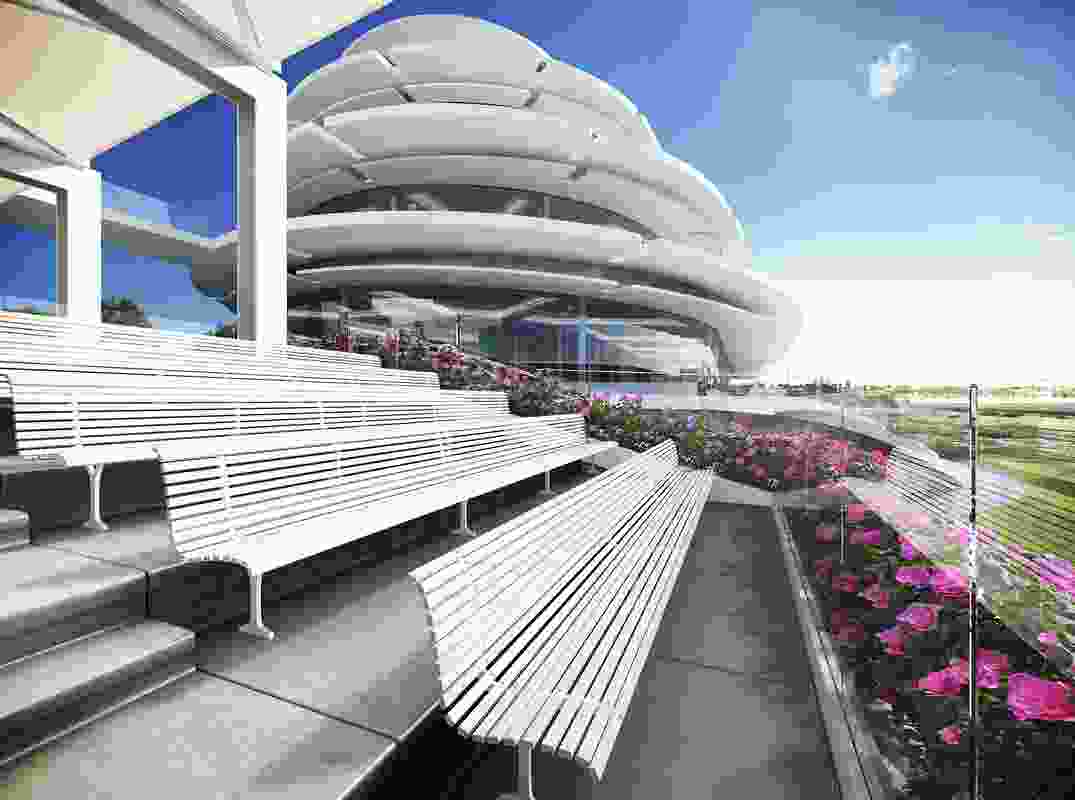 The proposed club stand at Flemington Racecourse by Bates Smart will feature tiered seating connecting the members lawn to function spaces.