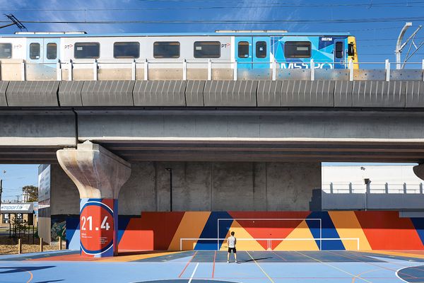 The Caulfield to Dandenong project creates 8.4-kilometres of linear park beneath the now-elevated rail line.