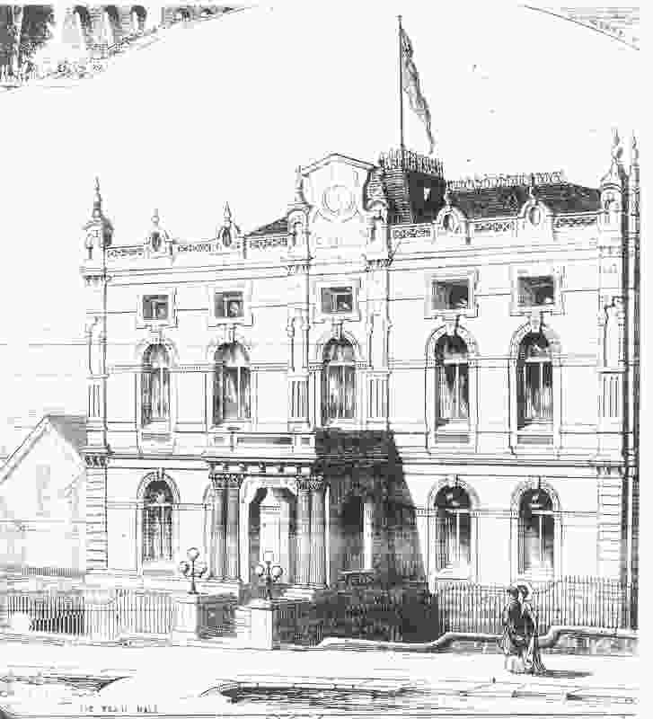 Sketch of the first stage of the Glebe Town Hall in the 1880s (from Town and Country Journal). This view shows the cresting on the clock tower and the ridge.
