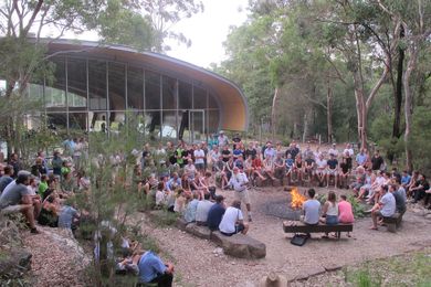 Uncle Max Dulumunmun Harrison gives the welcome to country at Deerubbin 2016, in front of the Milson Island Sport and Recreation Centre by Allen Jack and Cottier.