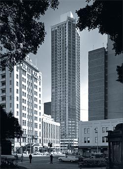 Park Regis units, Park Street, Sydney, 1968, by Stocks and Holdings (later Stockland Trust). Image: Max Dupain, 1968.