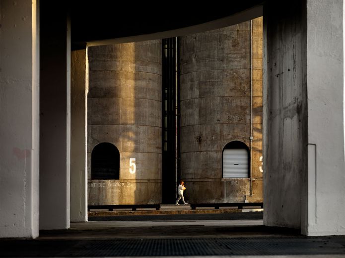 A view through 'Silo 7' to the '6-Pack', a tightly clustered agglomeration of six silos.