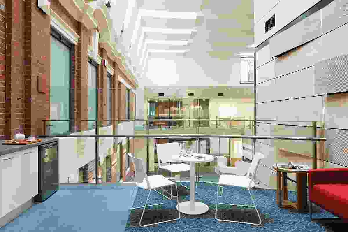 Acoustically absorbent timbers in the atrium reduce ambient noise.
