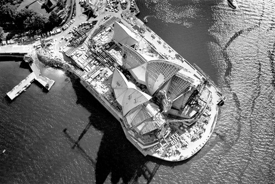 Aerial view of the Sydney Opera House under construction, 1966.