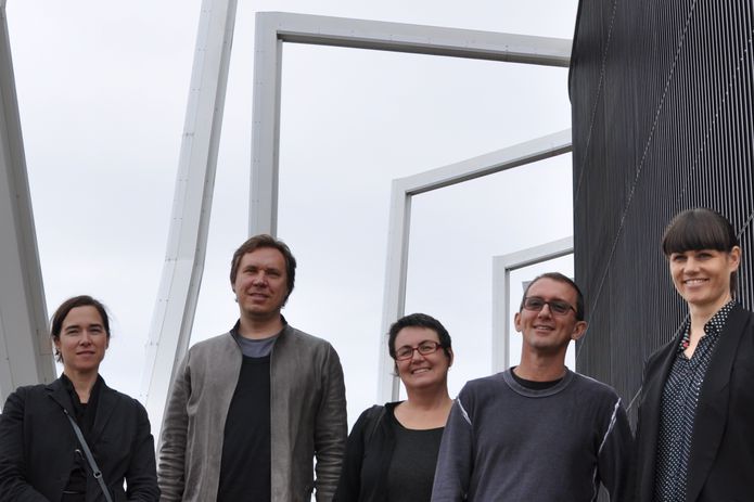 The 2013 National Architecture Awards jury (L—R): Shelley Penn (chair), Ben Hewett, Justine Clark, Richard Hassell and Hannah Tribe on the rooftop of One One One Eagle Street, Brisbane.