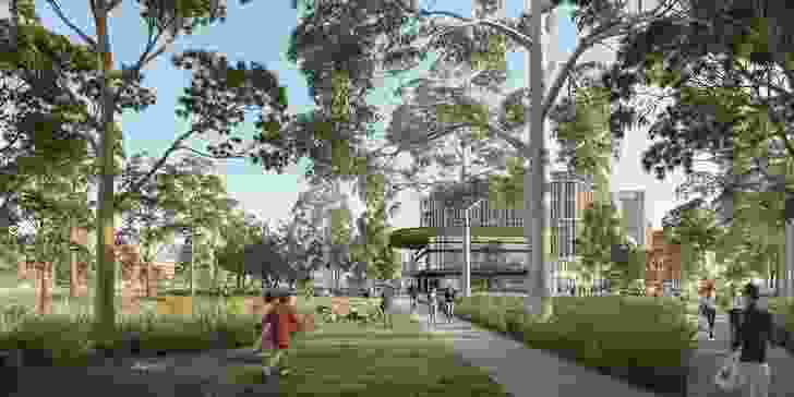 A visualization of the central riparian park within the Northern Gateway precinct’s specialized centre, an area focusing on employment that is envisaged to develop around the future metro station.