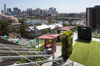 Grassed areas in the Lady Cilento Children’s Hospital “secret garden,” with views to the Brisbane River and CBD.