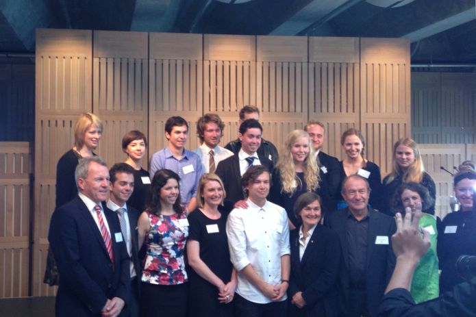 The MADE 2014 cohort of Australian and Danish students with the 2015 Australian students, with program partners, Sydney Opera House CEO Louise Herron AM (centre) and to her right, Hassell principal Ken Maher the announcement in the Utzon Room on 22 August 2014.