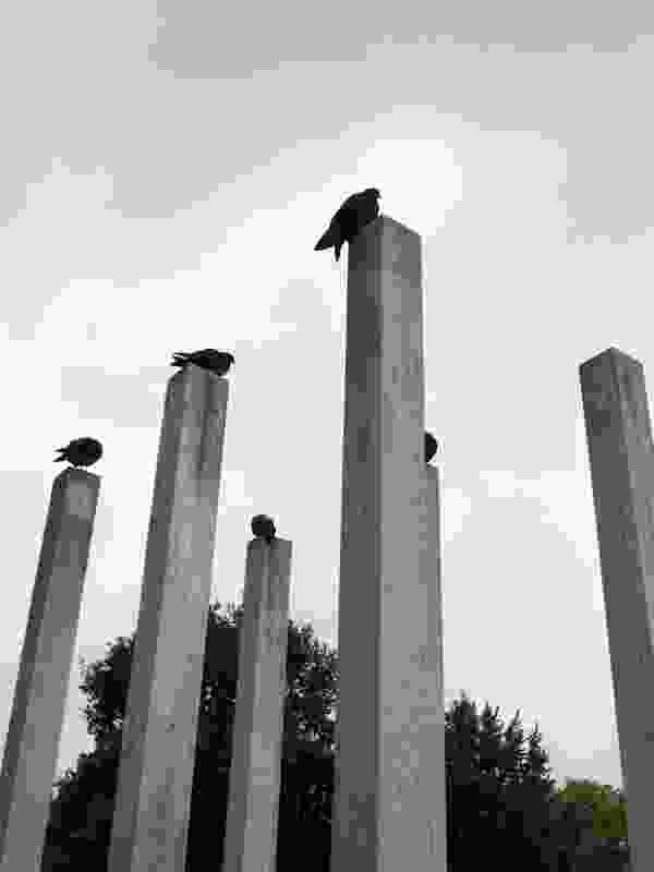 Uncanny moments in the city: the 7 July Bombing Memorial in London, watched over by birds.