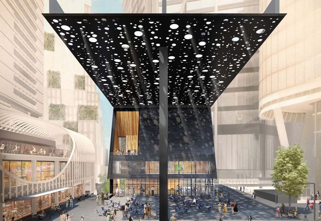 The proposed plaza and building on Sydney's George Street designed by David Adjaye and Daniel Boyd.