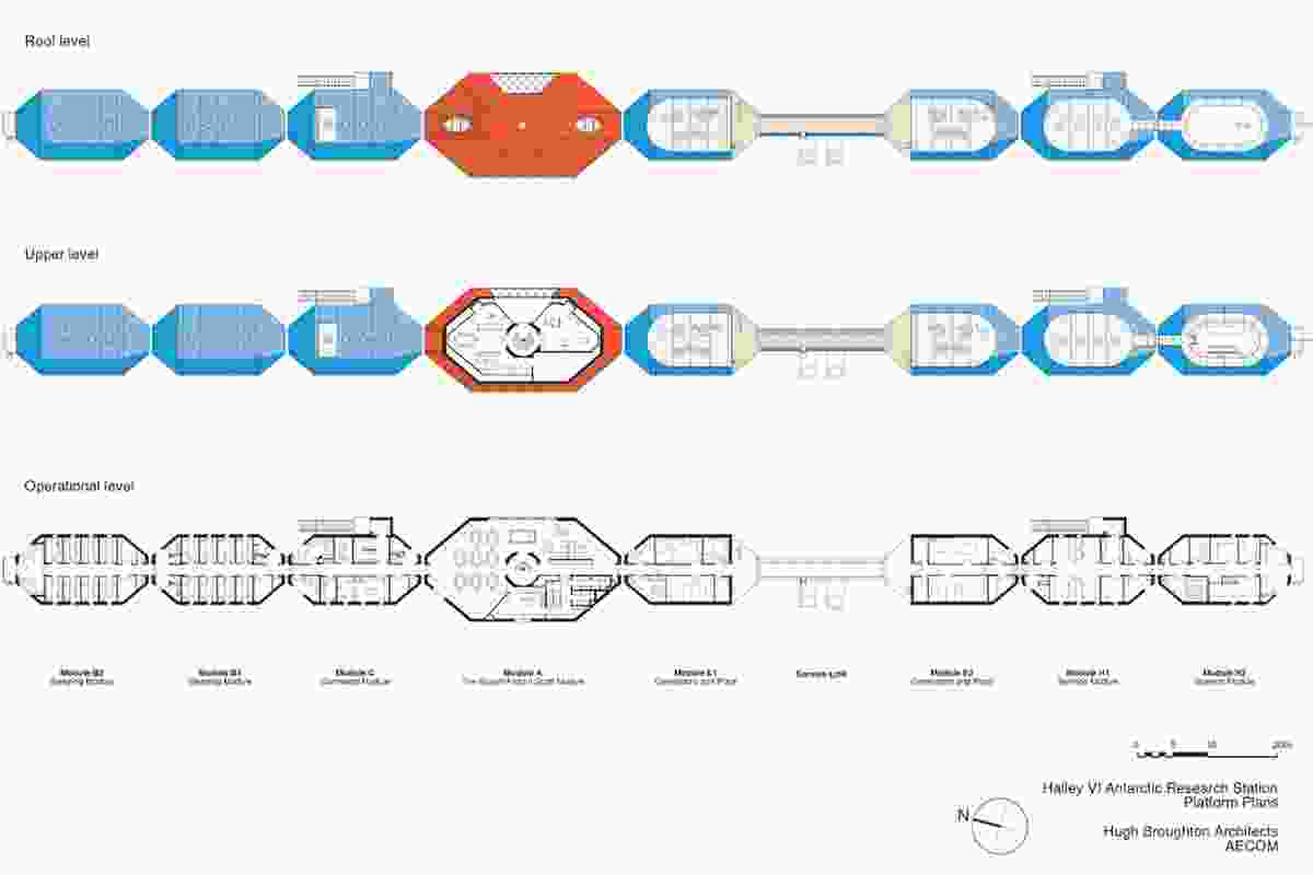 Platform plans for Halley VI Antarctic Research Station by Hugh Broughton Architects and AECOM. For a cost of GBP25.855 million, bedrooms, laboratories, office areas and energy centres are housed in 152m2 standard blue modules. A special, two-storeyed central module provides a social space.