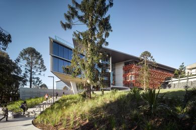 The Advanced Engineering Building, viewed from the north, showing the glazed volume housing the studios.