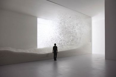 Snow, by Tokujin Yoshioka. Sensing nature, at Tokyo’s Mori Art Museum. Within a glass case, fine feathers billow, emulating a snow storm.