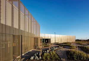 A knuckle in the plan establishes the main entry to the buildings and efficiently connects public-facing elements to the laboratory and workshop components.