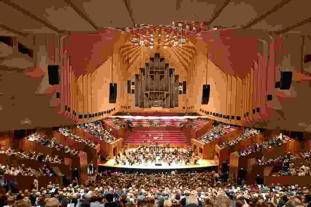The original interior of Sydney Opera House Concert Hall by Peter Hall by Nick-D, licensed under Creative Commons Attribution-Share Alike 3.0 Unported
