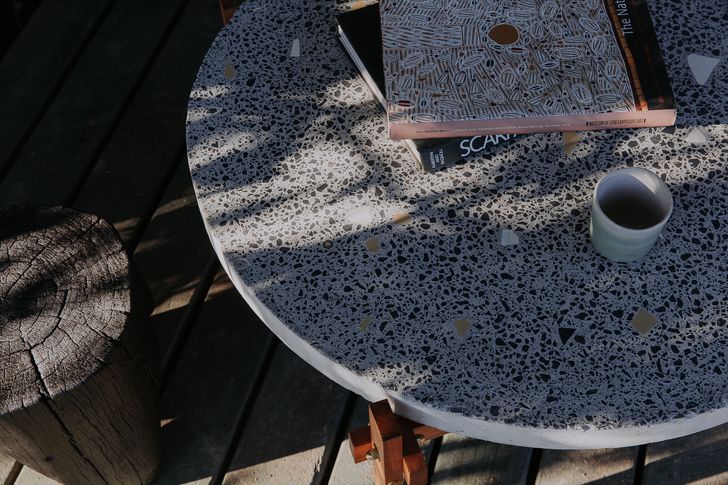 Telegraph stool (left) and Waste Terrazzo (right) by Five Mile Radius.