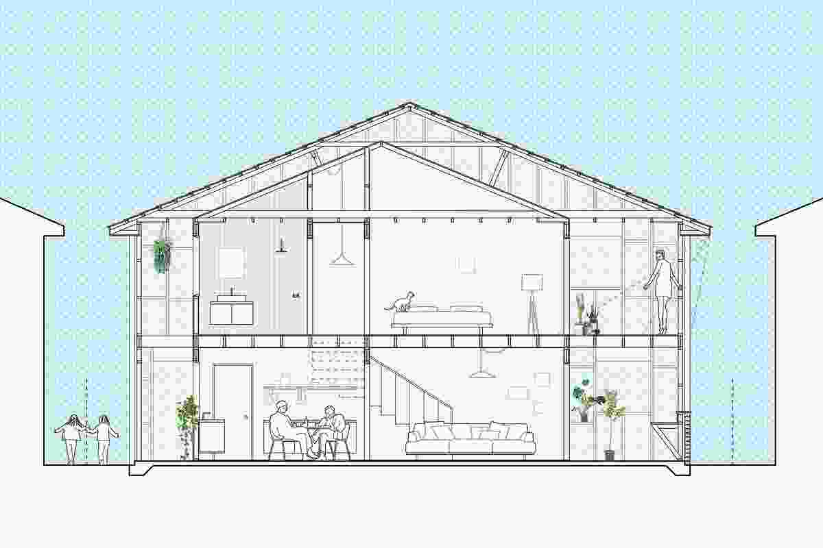 This section through an Offset House by Otherothers depicts how the frame of a large, single dwelling can be reclaimed and repurposed to reframe the house’s relationship to the street and the suburb.