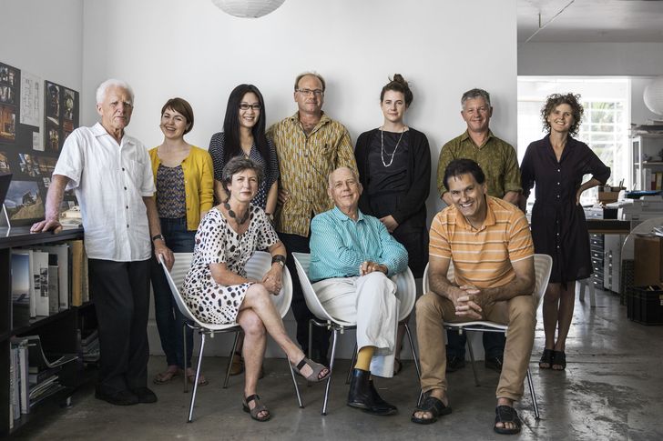 The creative team for New Zealand’s exhibition: Last, Loneliest, Loveliest. Back row, L–R: Mike Austin (Unitec Institute of Technology, Auckland), Claire Natusch (graduate, Mitchell & Stout Architects), Chia-Lin Sara Lee (graduate, Mitchell & Stout Architects), Julian Mitchell (director, Mitchell & Stout Architects), Frances Cooper (graduate, Athfield Architects) Rick Pearson (director, Pearson and Associates Architects), Ginny Peddle (director, Mitchell & Stout Architects). Front row L–R: Julie Stout (director, Mitchell & Stout Architects; adjunct professor, Unitec Institute of Technology, Auckland), David Mitchell (director, Mitchell & Stout Architects), Rau Hoskins (Ngāti Hau, Ngāpuhi, director, designTRIBE architects; lecturer, Unitec Institute of Technology, Auckland).