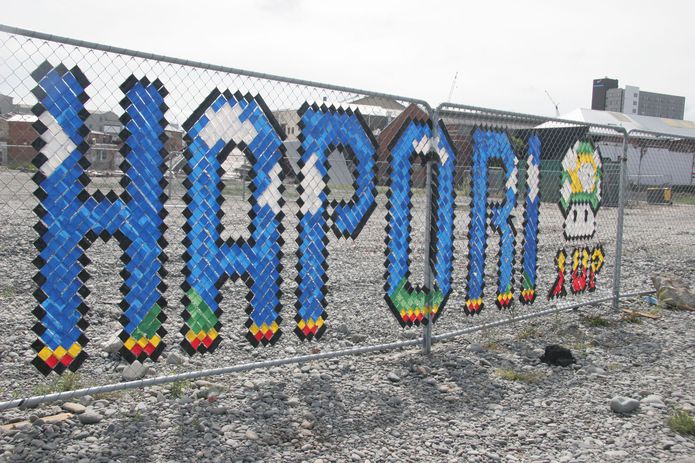 Hapori: Fence art Madras Street, artist unknown. An enigmatic but engaging piece referencing video games but with unclear meaning. In Maori a hapori is a subgroup.