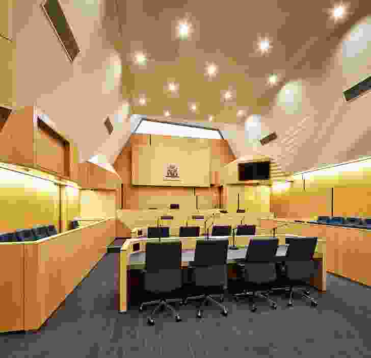 The folded roof is expressed inside the Jury Court.