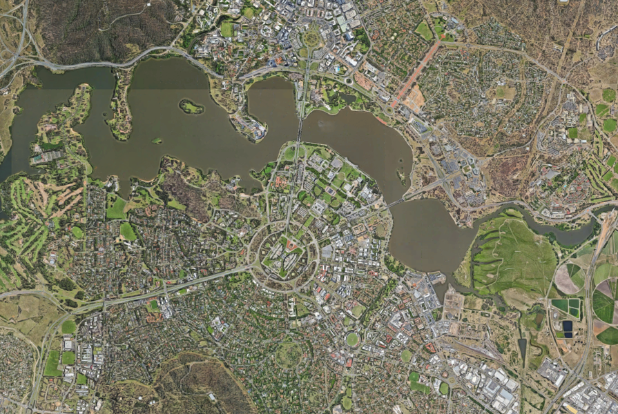 Aerial view of Canberra's Lake Burley Griffin and surrounds.