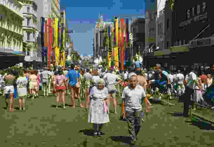 Central Melbourne: Framework for the Future by City of Melbourne – Hardware Lane, McKillop Street and Swanston Street, Victoria,1985–ongoing. Pictured here is the Swanston Street Party (1985). 