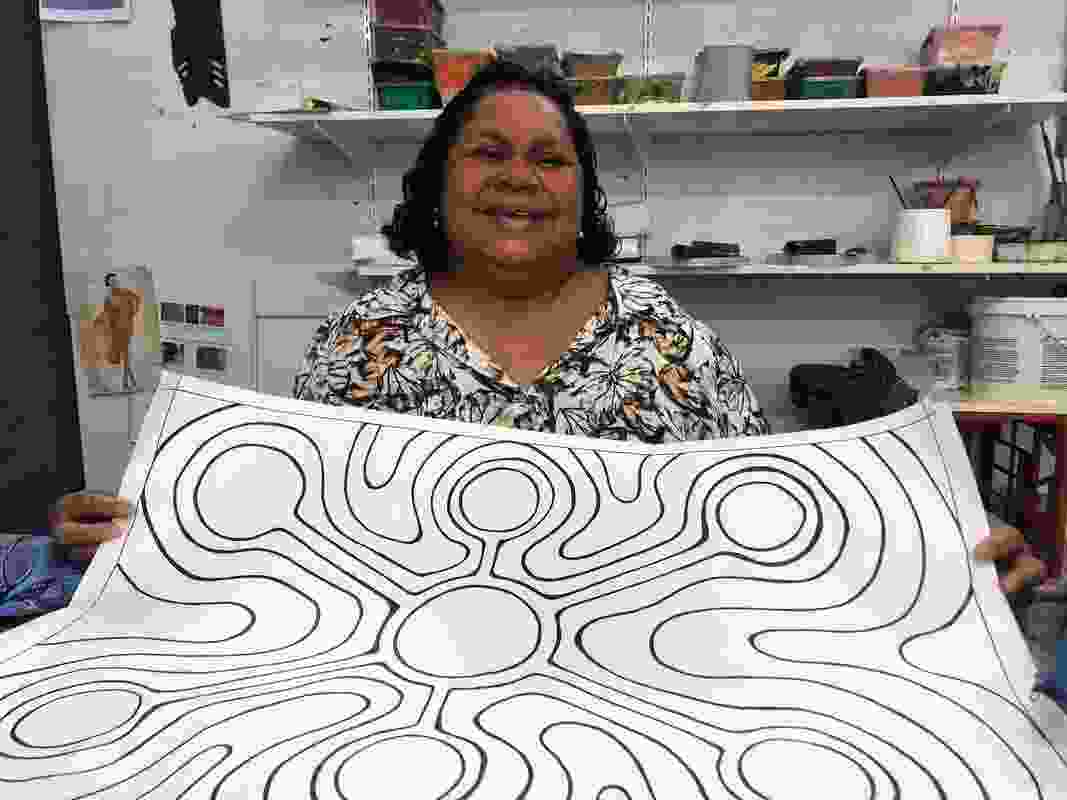 Martha Lee with her Jila (fresh water soak) artwork, to be installed as a paving pattern in Broome’s Chinatown district.